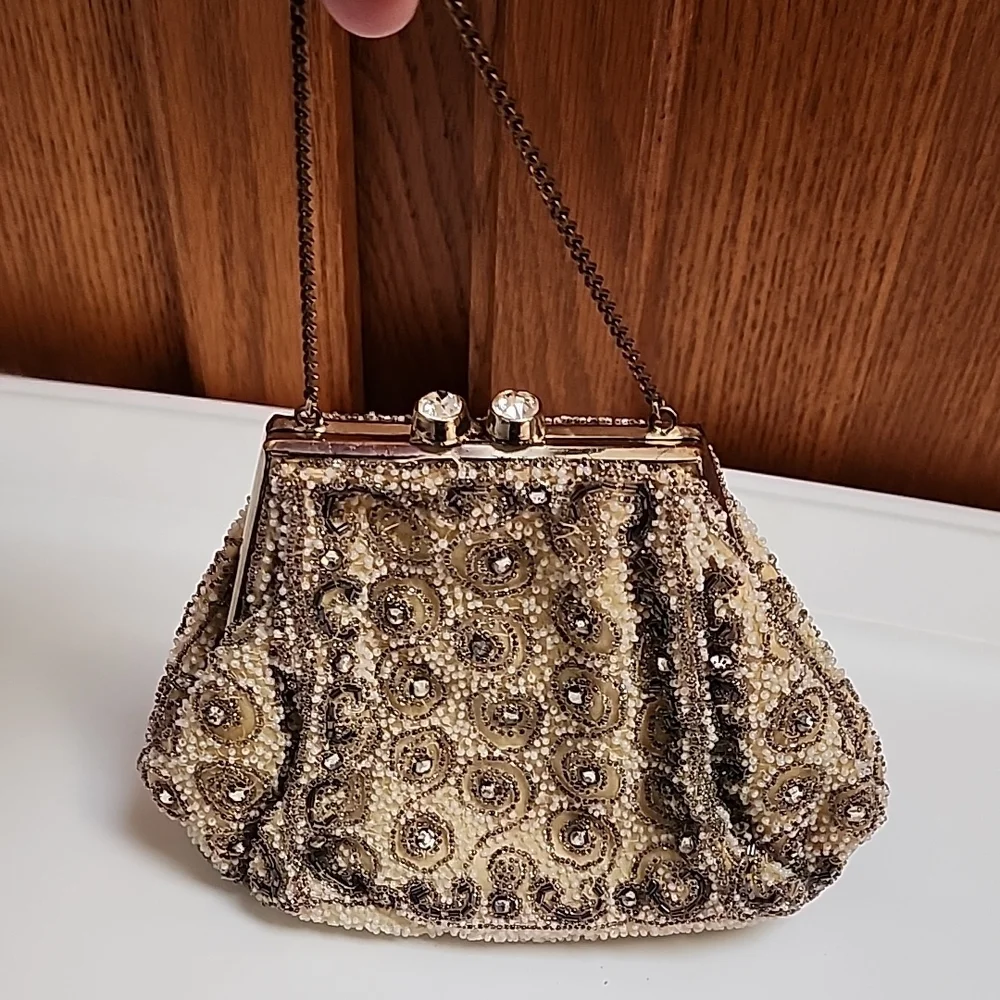 Elegant Beaded Clutch in Cream and Brown